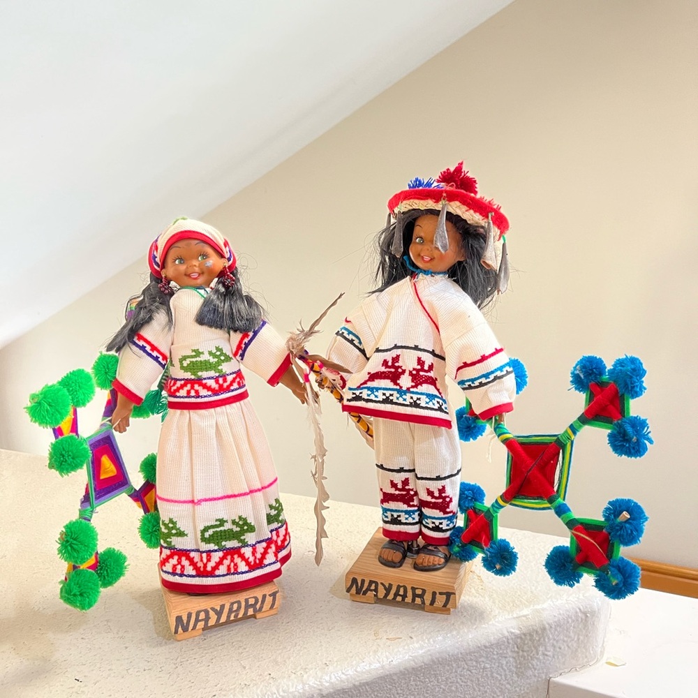 Vintage Native 2 Set Traditional Mexican Huichol Hand-Decorated Dolls -14inch